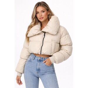 Lulus Cream Cropped Puffer Jacket Women's Medium Oversized Collar Winter Coat